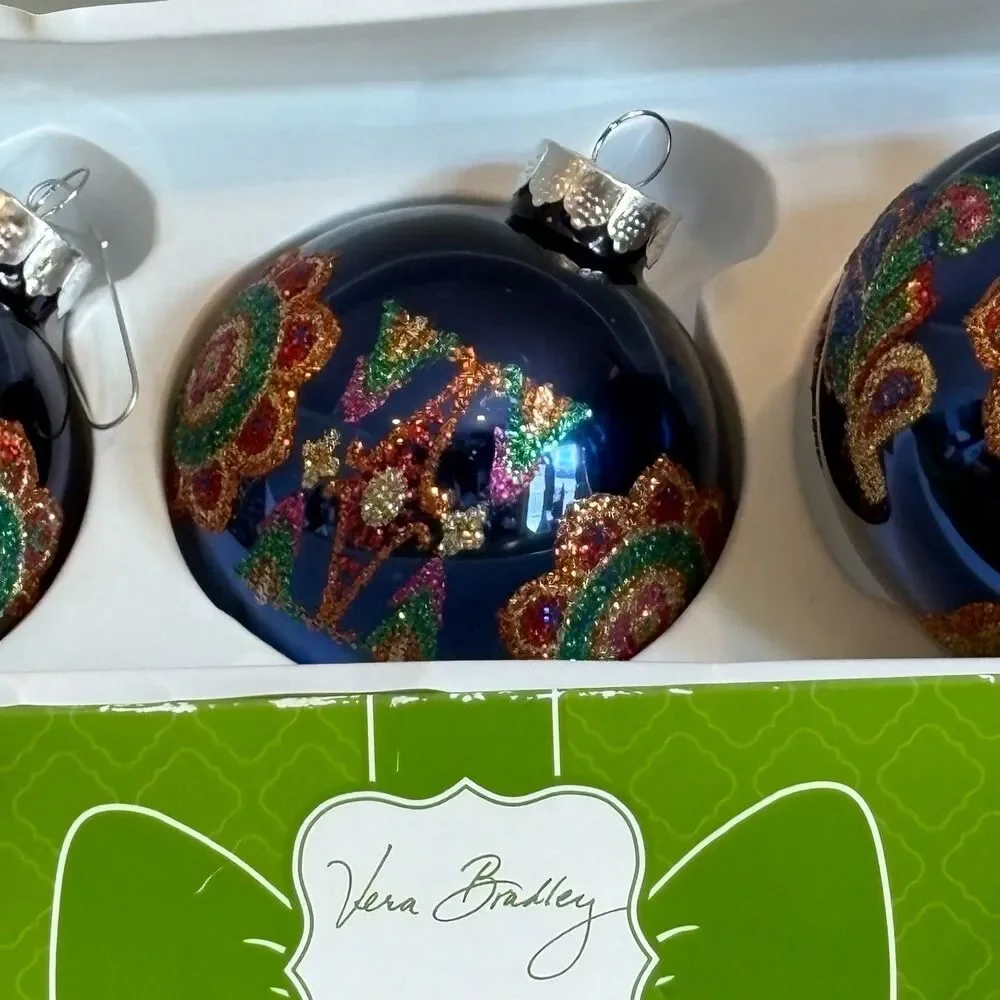 Set Boho Vera Bradley Glass Ball Ornaments Pink Eclectic Blue Pink Paisley 2012